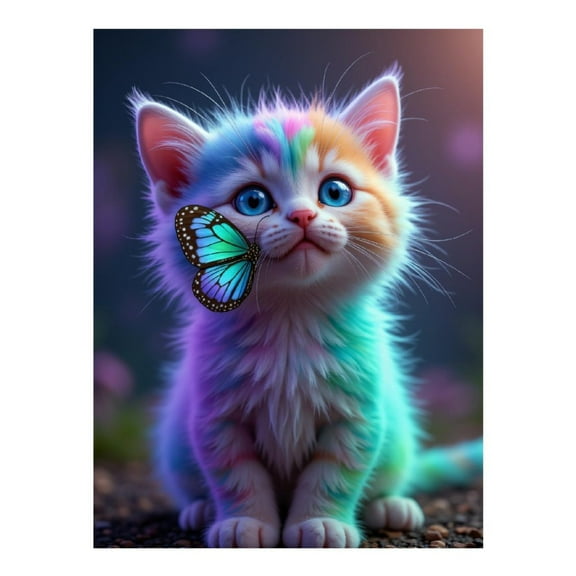 Diamond Art Kits for Adults - 5d Colorful Kitten with Blue Butterfly Diamond Painting for Adults, Diamond Art for Adults Beginners, Diamond Painting Kits for Adults for Home Wall Decor