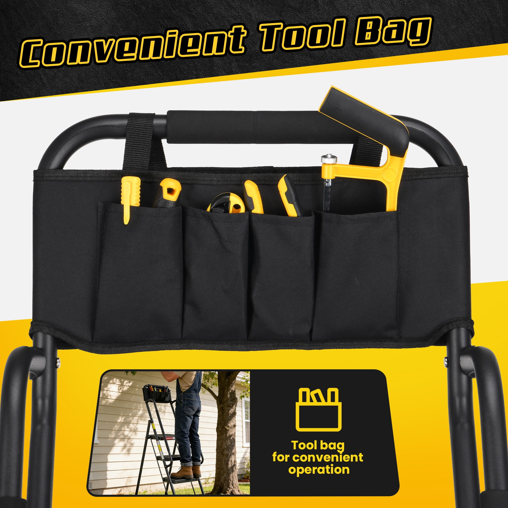 LevLad Folding 4 Step Ladder with Dual Handrails, Tool Bag & Anti-Slip Pedals, Stable Steel Step Stool for Seniors Home Use