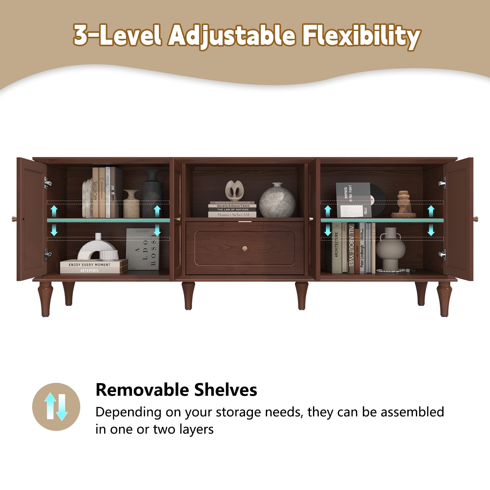 67" Mid-Century TV Stand for TVs up to 75 " , Retro Entertainment Center with Storage Cabinets and Drawers, Brown