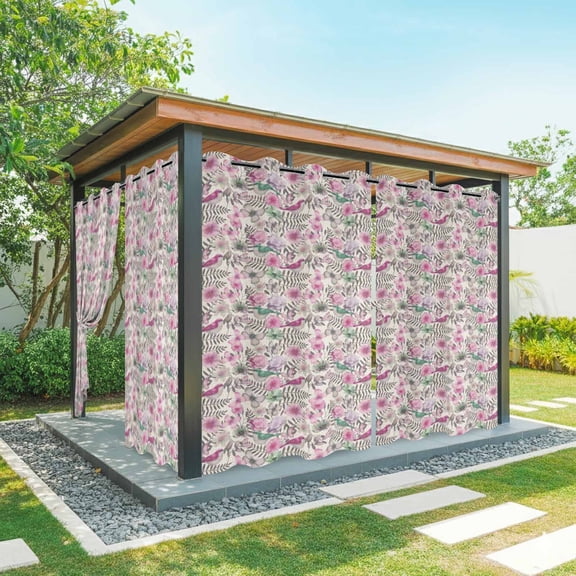 Outdoor Curtains for Patio Waterproof, Vintage Pink Flower Outdoor Privacy Panels Grommet, Spring Floral Leaves Pastoral Birds Plants Blackout Outside Curtains for Porch/Cabana 54"x95", 1 Panel