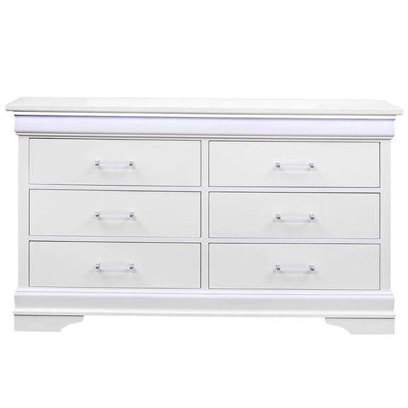 JERFIT 6-Drawer LED Dresser with Mirror, Modern White Wood Chest of Drawers for Bedroom, Illuminated Storage Cabinet