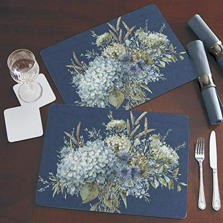 Weathered Blue Wood Placemats for Round Table Tactile Basket Texture Hemmed  Edge , Waterproof Non Slip Wipe Clean 