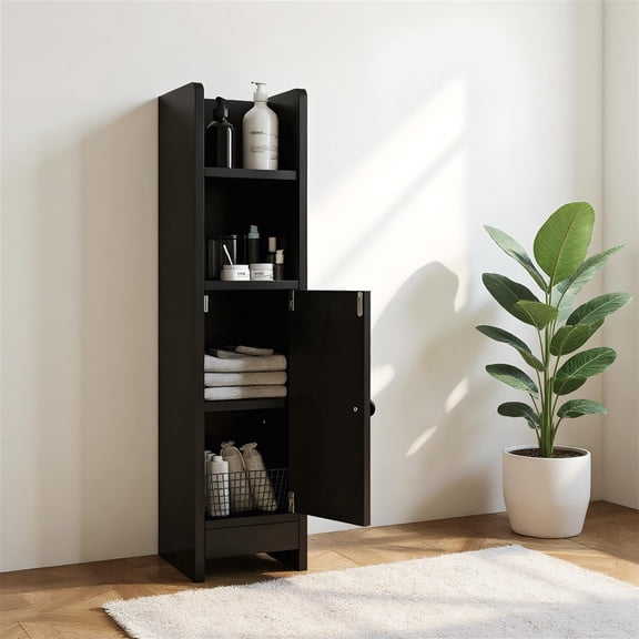 Spaco Black Slim Bathroom Corner Cabinet, 1 Door & Adjustable Shelves with Fall Guard