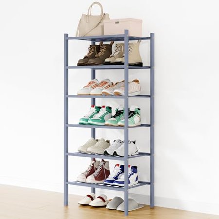 Shoe Rack 6 Tier Small Bamboo Shoe Organizer Stackable Free Standing Wooden Shoe Storage Shelf for Closet Entryway Front Door Entrance Grey