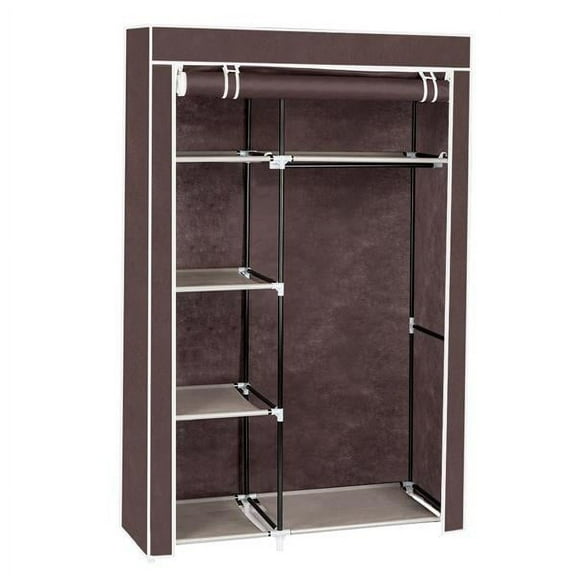 Knocbel Portable Closet Clothes Rack Storage Organizer Wardrobe with 6 Storage Shelves, A Hanging Rod and Zippered Dustproof Non-woven Fabric Cover, 41.3"W x 18"D x 64"H Dark Brown