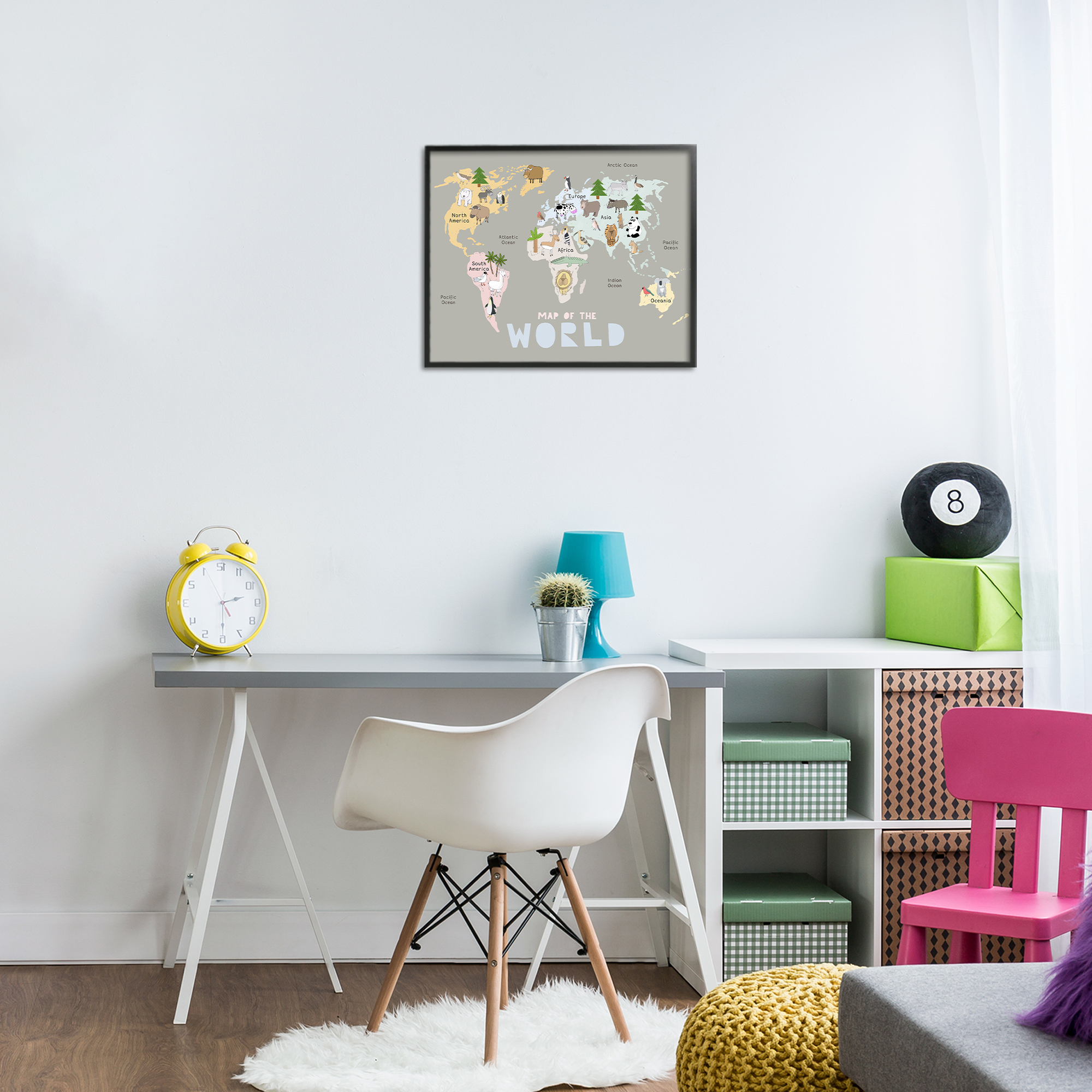 Kid's Map Of World Grey Black Framed Giclee Art, design by Carla Daly