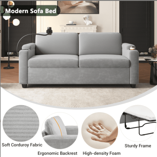 Euroco 72.8" Corduroy Sleeper Sofa Loveseat Sofa with Full Size Mattress, Two USB Ports, Two Cup Holders, Two Side Pockets and a Phone Holder for Living Room