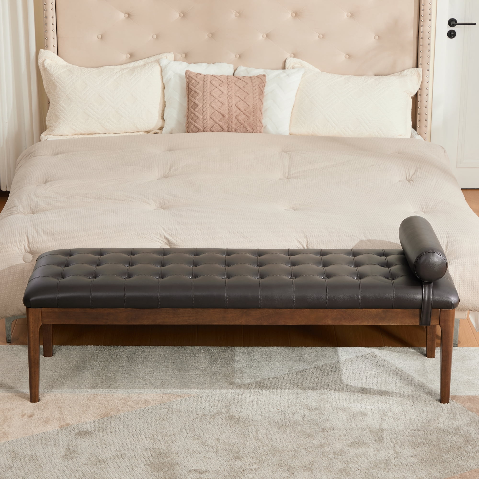 Upholstered Bed Bench 66 Inch, Button Tufted Faux Leather Bench with Dark Walnut Legs, End of Bed Bench for Bedroom and Entryway, Coffee
