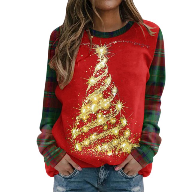 Costumes de Noël en Liquidation Mode Décontractée pour Femmes Manches Longues Col Rond Imprimé à Carreaux Chandail en Molleton Surdimensionné pour Femmes