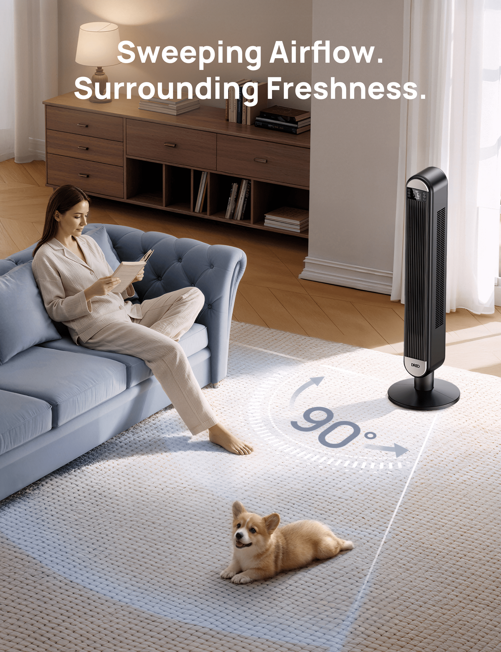 DREO 42" Smart Tower Fan for Home, Standing Bladeless Fan with WiFi Voice Control, 90° Oscillating Fan with LED Display, 12H Timer, 6 Speeds 4 Modes, 25ft/s High Velocity, Ultra Quiet Bedroom Fa