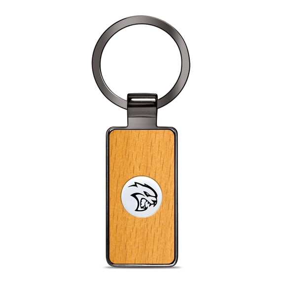 iPick Image for Dodge SRT Hellcat Roundel Logo in White on Maple Wood Gray Gunmetal Metal Case Key Chain, Official Licensed