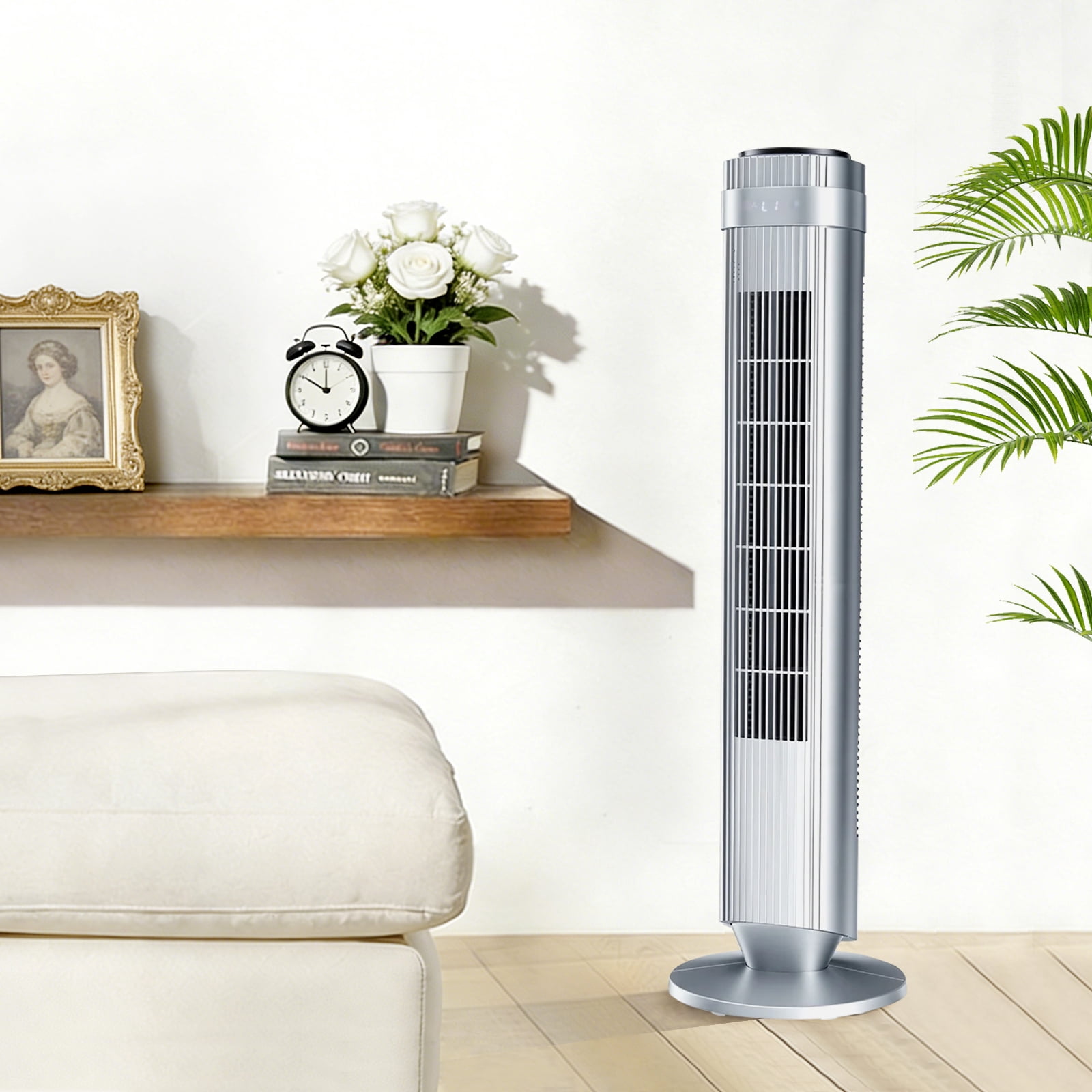 Quiet Tower Fan for Bedroom, Oscillating Fan with Child Lock & Night Light, 28dB, 12H Timer and Remote, 5 Speeds Cooling Fan for Nursery and Home,Silver