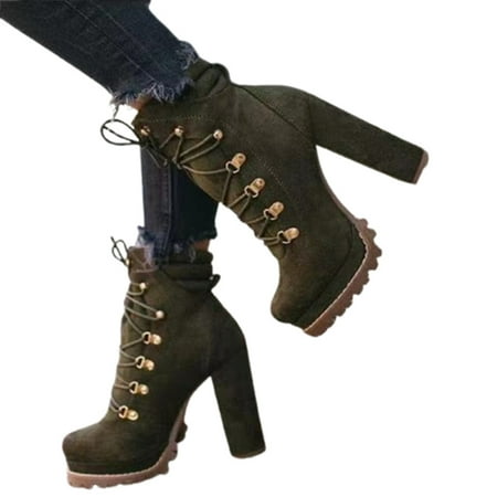 

Women s Suede Boots with High and Thick Heel Fashion Boots Lace Up Non-slip Shoes 40 Green