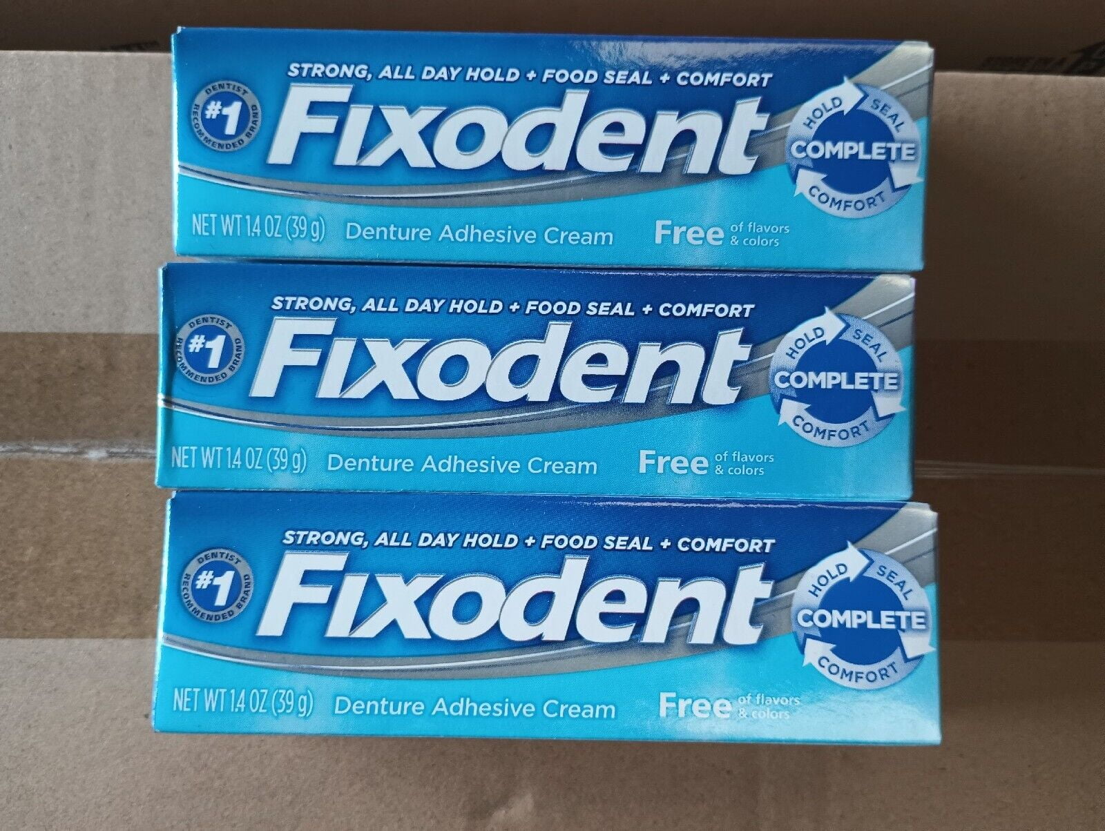 3 pack Fixodent Complete Free Denture Adhesive Cream 1.4 Oz (39 g