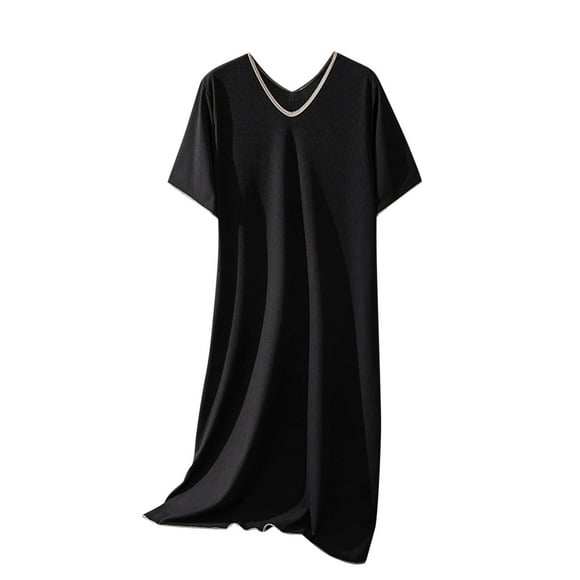 FAIWAD Women's V Neck Dress Casual Summer Short Sleeve Dress Solid Color Loose Lightweight Maxi Dress