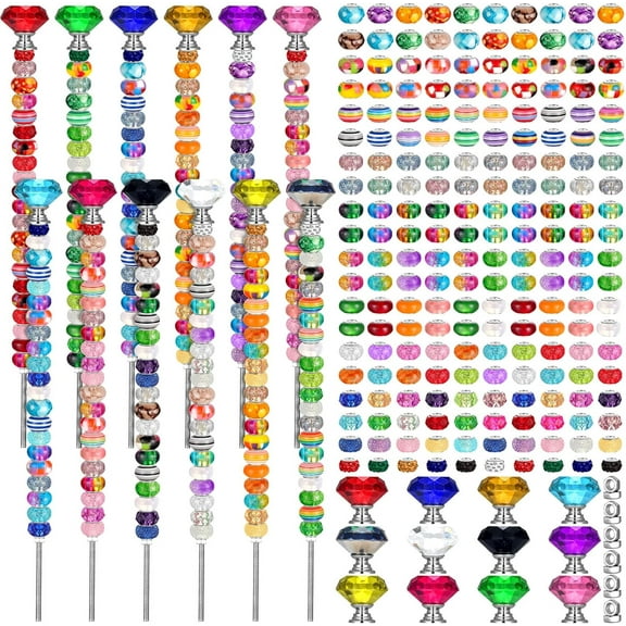 236 Pcs Garden Stakes DIY Fairy Wand Garden Stakes with 12 Colorful Crystal Stopper Top 12 Threaded Rod with 200 Assortment Large Hole Beads for Outdoor Decor (Classic)
