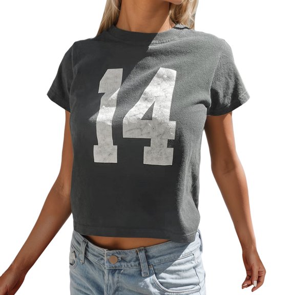 Womens Crop Short Sleeve Graphic T Shirts Trendy Crew Neck 14 Letter Printed Tops Ladies Loose Fit Going out Tees Summer Y2k Outfits Black 0730*crop tops XS