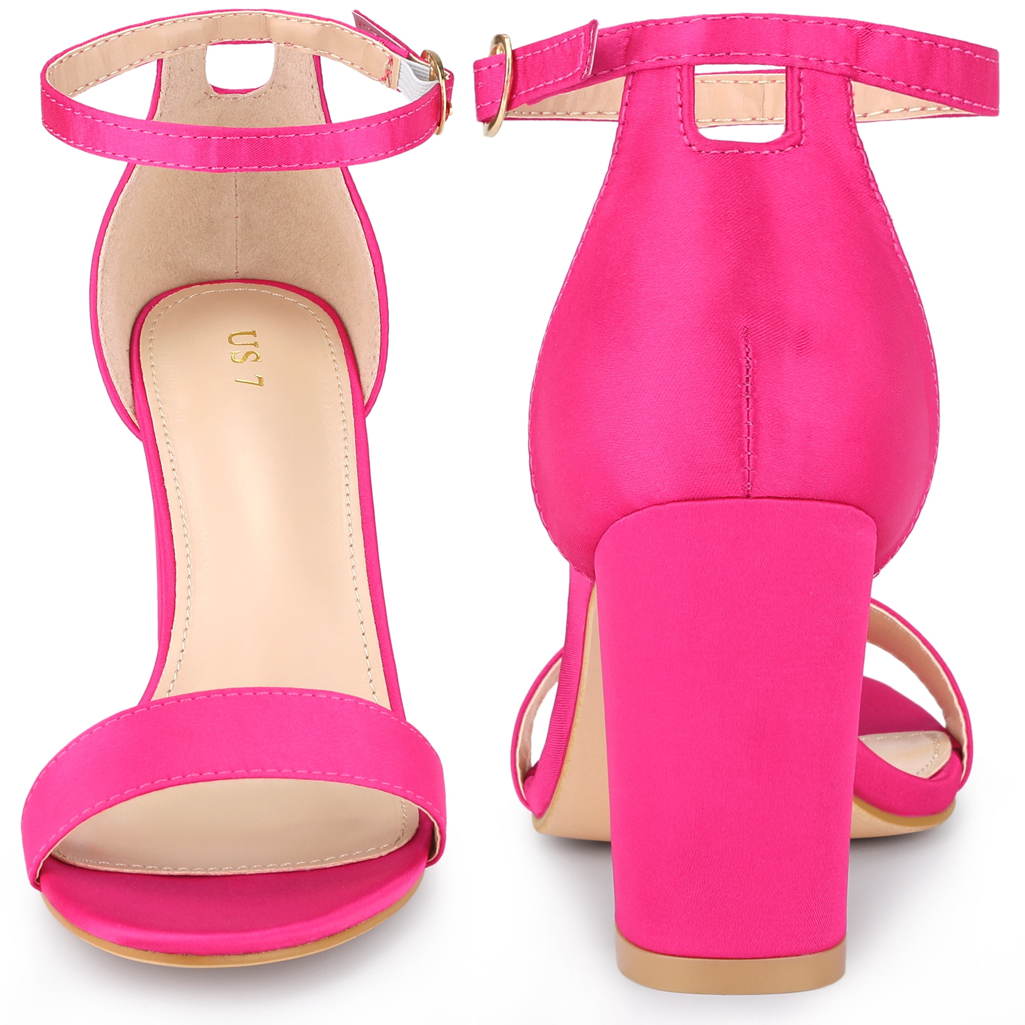 Unique Bargains Women's Open Toe High Heel Ankle Strap Satin Block Heels Sandals Hot Pink 5.5