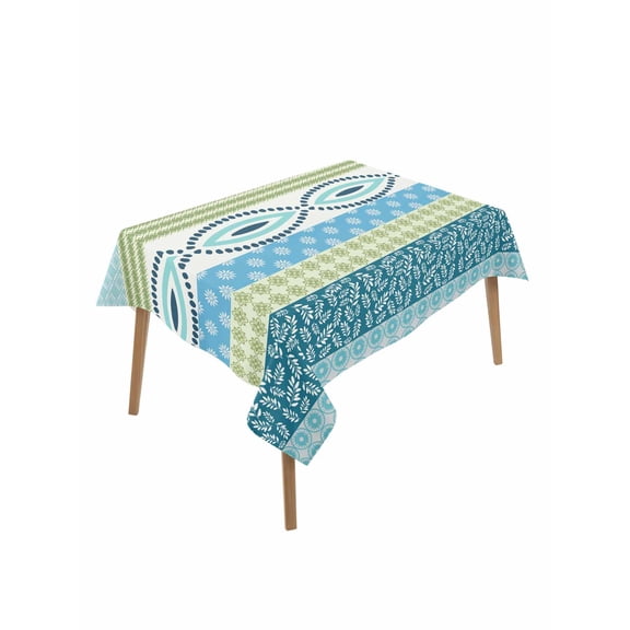 Blue Green Geometric Rectangle Tablecloth, Boho Vintage Country Flowers Leaves Waterproof & StainResistant Tablecloth, Washable Oil-proof Table Cover for Dining/Party/Wedding/Camping/Buffet 52x70 In