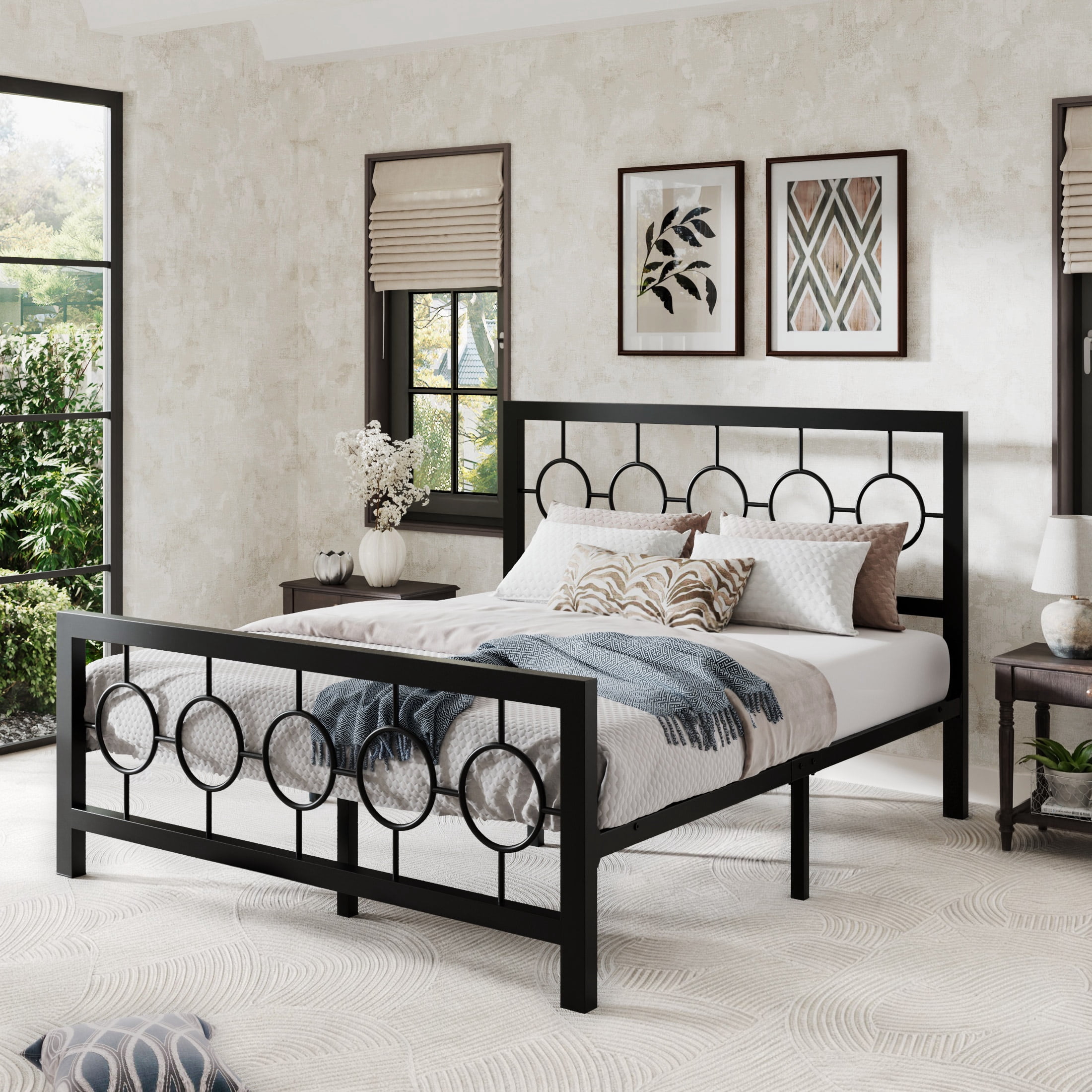 Sha Cerlin Black Queen Size Metal Platform Bed Frame with Vintage Circular Headboard & Footboard, Adult