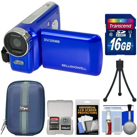 Bell & Howell DV200HD HD Video Camera Camcorder with Built-in Video Light (Blue) with 16GB Card + Case + Mini Tripod + (Best Hd Camcorder For Low Light Conditions)