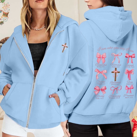 LEKDFST Zip Up Hoodie Women Christian Trendy Graphic Oversized Sweatshirt Casual Y2K Long Sleeve Tops Sky Blue XL
