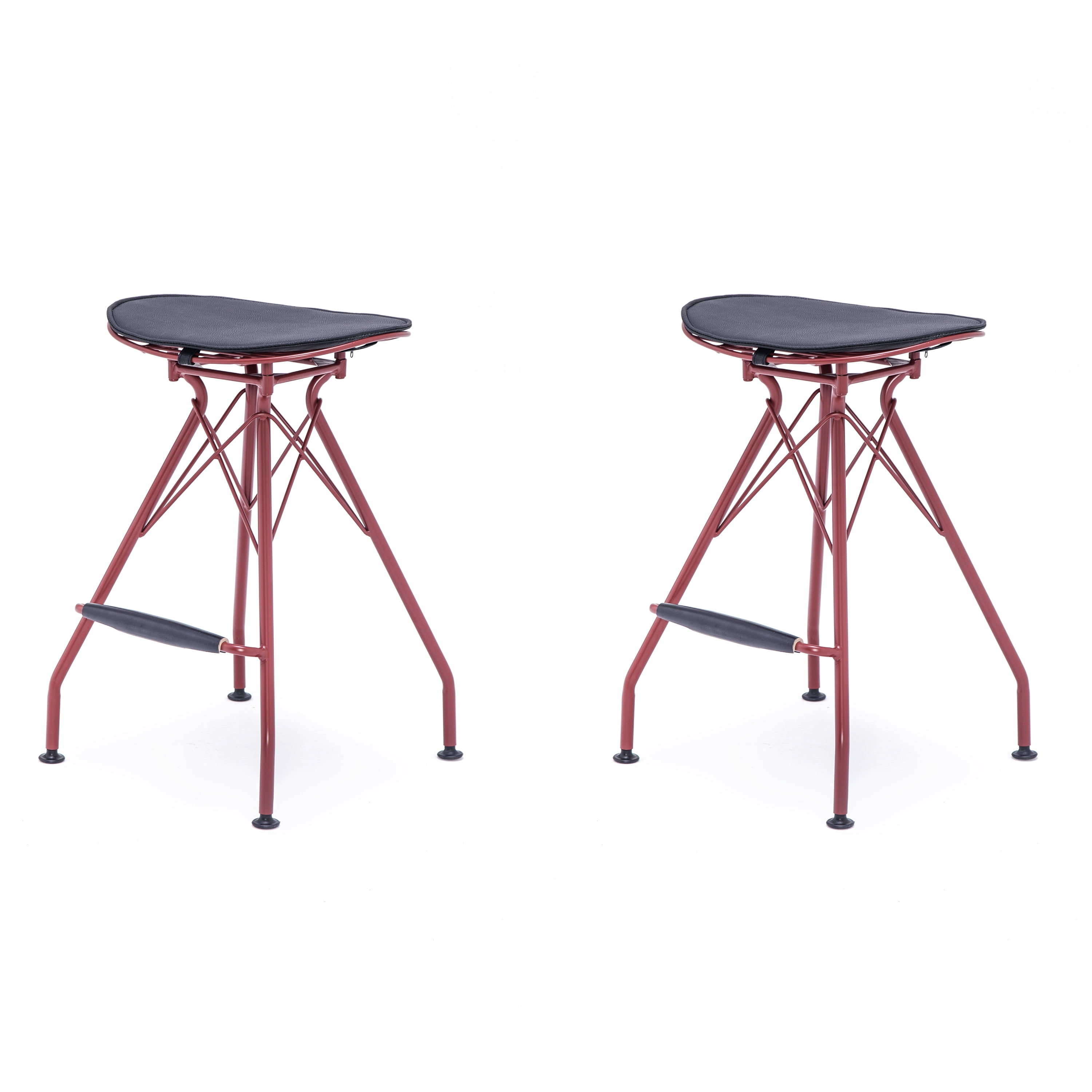 Industrial Metal Barstool with Faux Leather Seat Pad and Wood Accented Foot Rest, 24 Inch Seat Height, Dark Red, Set of 2
