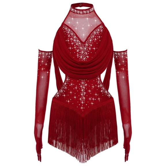 SiiRoh Girls Sparkly Fringe Jazz Latin Dance Leotard Ruched Mesh Drapes Cutout Bodysuit with Gloves Burgundy 16