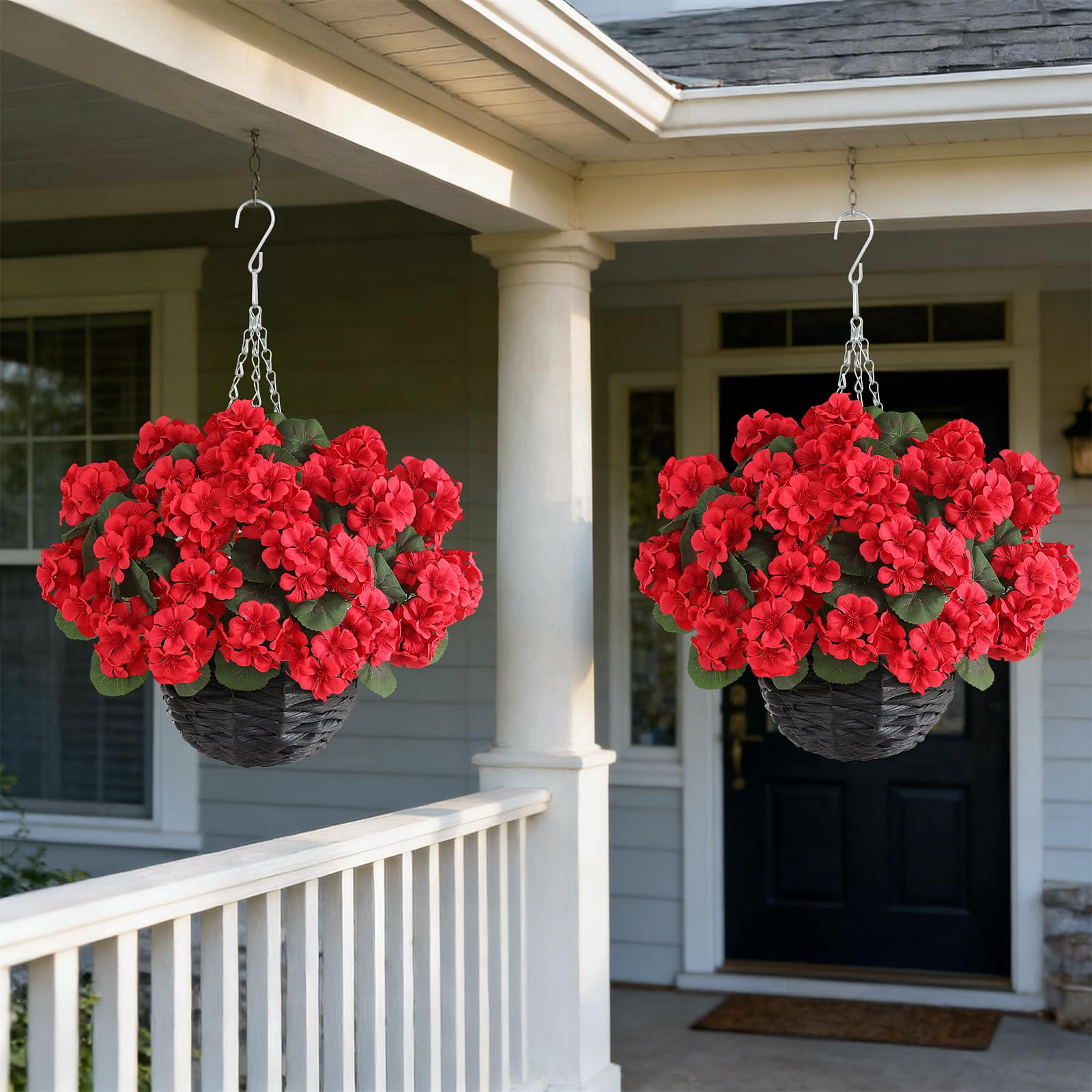 2 Set Artificial Geraniums Flowers with Hanging Baskets for Outdoors - Sun Resistant Silk with Geranium Flowers, Fake Hanging Planters for Front Porch Garden Patio Home Decor (Red)