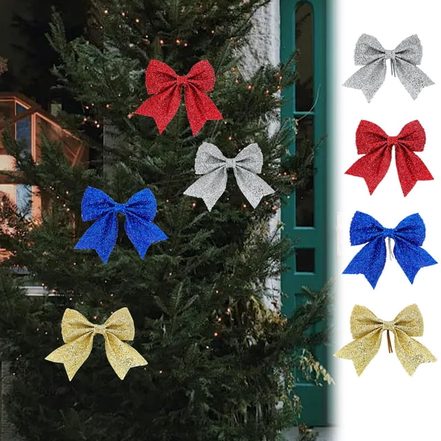Christmas Bow under $5! CQCYD Christmas Bow Tree Ornament, Glitter Red Silver Blue Gift Decor, Festive Holiday Bow for Wrapping Decorating, Polyester Fiber Decorative Accessory
