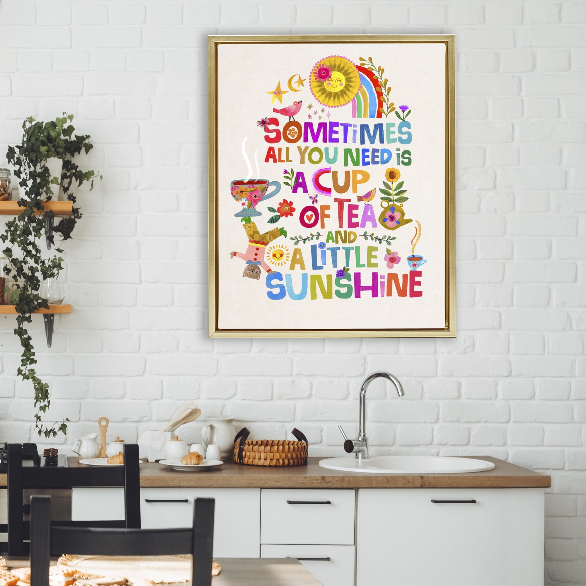 Stupell Industries Cup Of Tea & Sunshine Gold Framed Floater Canvas Wall Art, design by Katherine Herrell Studio
