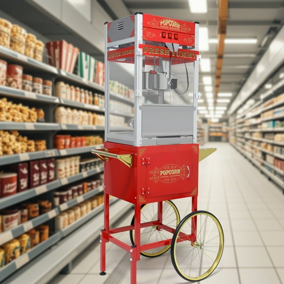 Durable Popcorn Machine with Cart – Mobile Theater & Event Popcorn Maker, 16" Wheels, Storage Cabinet, Easy Controls for Home, Business, School Use