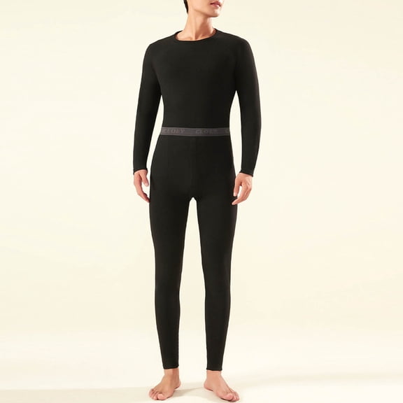 Yusimy Men's Solid Color 2-Piece Velvet Base Layer Set Stretchy Long Sleeve Crew Neck Warm Thick Casual