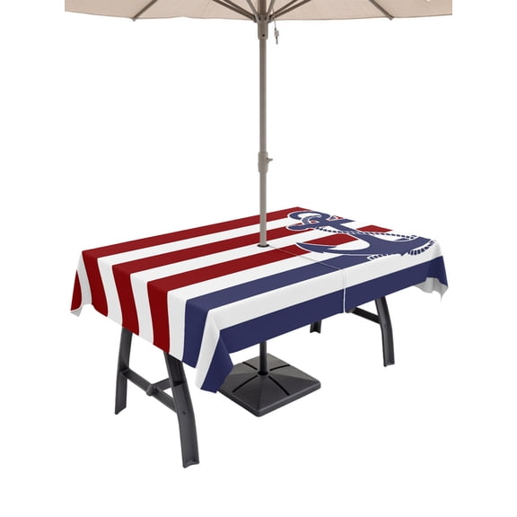 Outdoor Tablecloth with Umbrella Hole, Anchor Red Spillproof Waterproof Outdoor Table Cover, Modern Navy Blue White Striped Nautical Patio Tablecloths for Party Picnic Camping, Rectangle 52"x70"