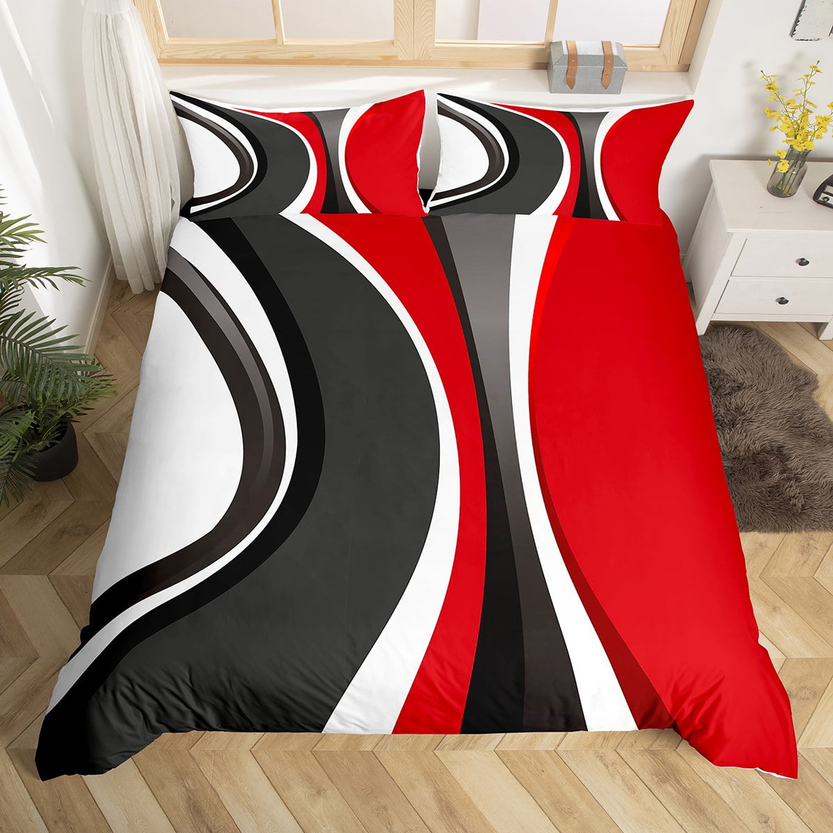 YST Geometric Comforter Cover,Red Black White Grey Striped Queen