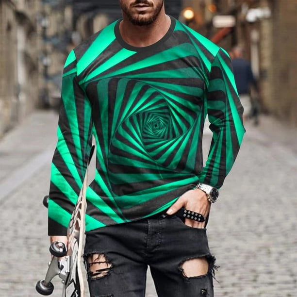 Blusas y camisas de manga larga con cuello redondo para hombre, blusa informal de manga larga con cuello redondo y estampado de rayas, blusa de poliéster para hombre