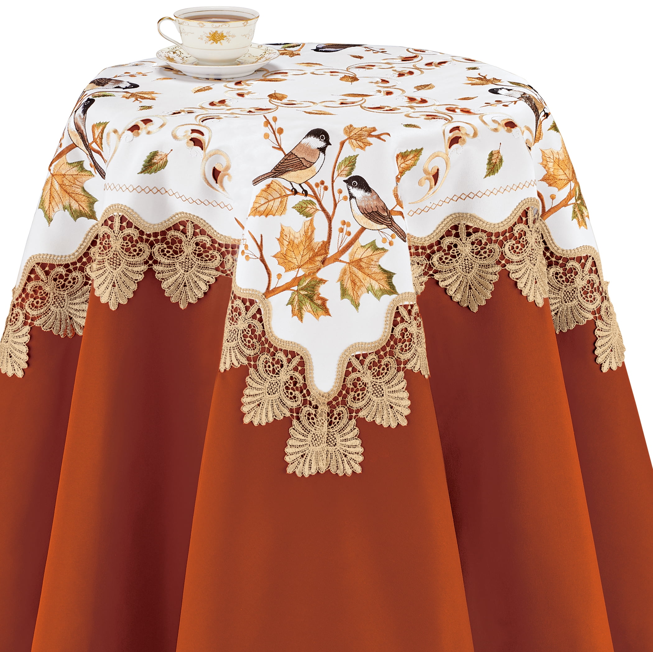 Collections Etc Embroidered Chickadee & Lace Border Table Linens