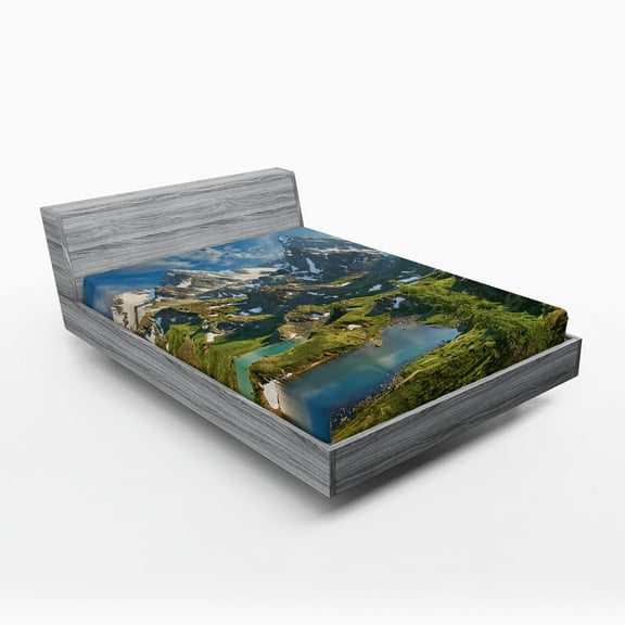 Ambesonne Nature Fitted Sheet, Snowy Mountain Lake, Full Size, Multicolor