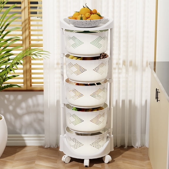 StarBay 5 Shelf Produce Rack PP Storage Rack Rolling Cart Fruit Holder White Kitchen Storage Cart Fruit Vegetable Shelf, Rotatable Basket for Kitchen Bathroom, Rotating