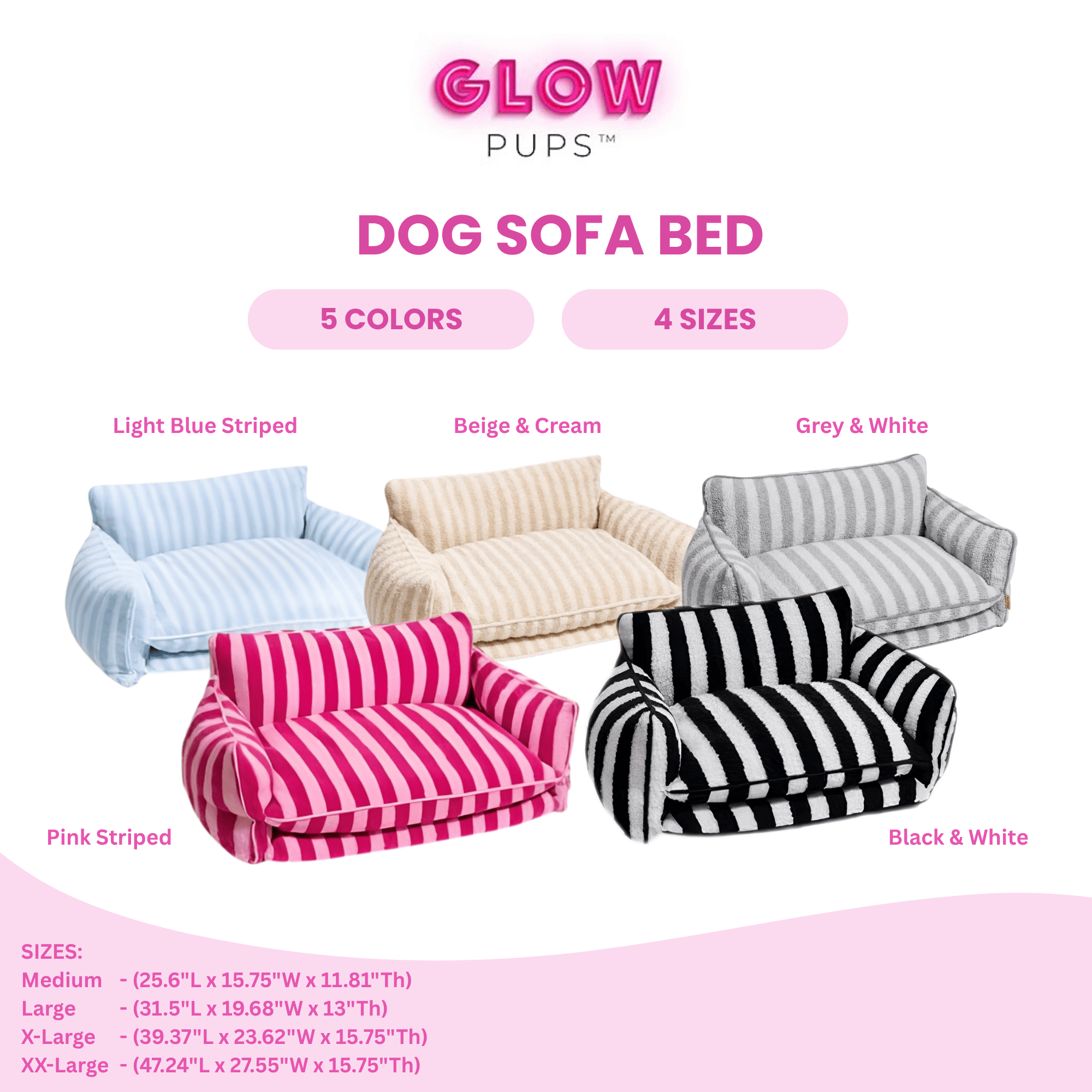 Glow Pups Extra Large Washable Pet Bed, Pink Striped, Size 	39.37"L x 23.62"W x 15.75"Th
