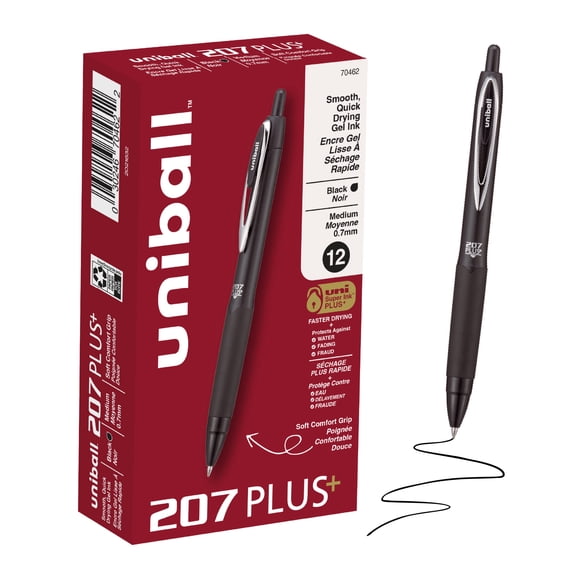 uniball™ 207 Plus Retractable Gel Pens, Medium Point (0.7mm), Black, 12 Count