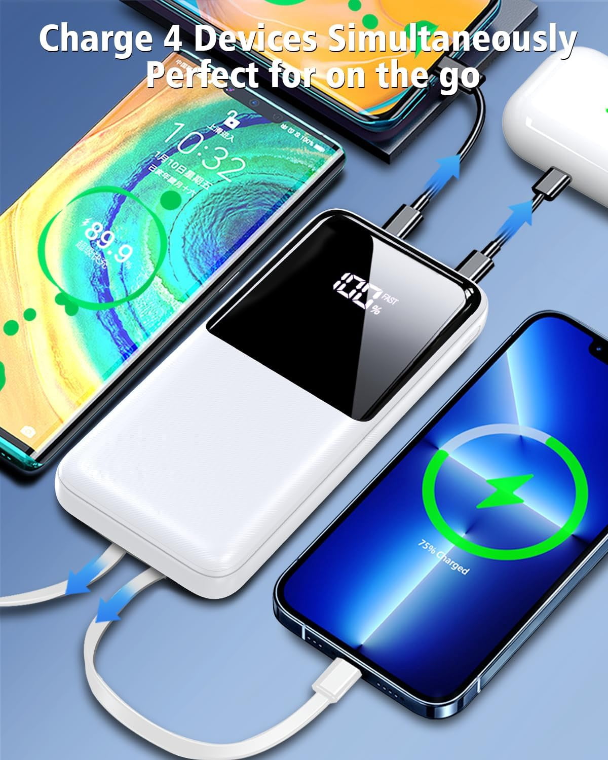 Portable Charger Power Bank, 20000mAh Fast Charging Portable Battery Pack with Built in USB-C(22.5W) and iOS(20W) Output Cables Compatible for iPhone Android Samsung Phone, White