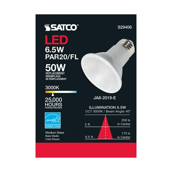 Satco S29406 6.5 Watt; PAR20 LED Light Bulb; Medium base ; 120 Volt;  6-Pack