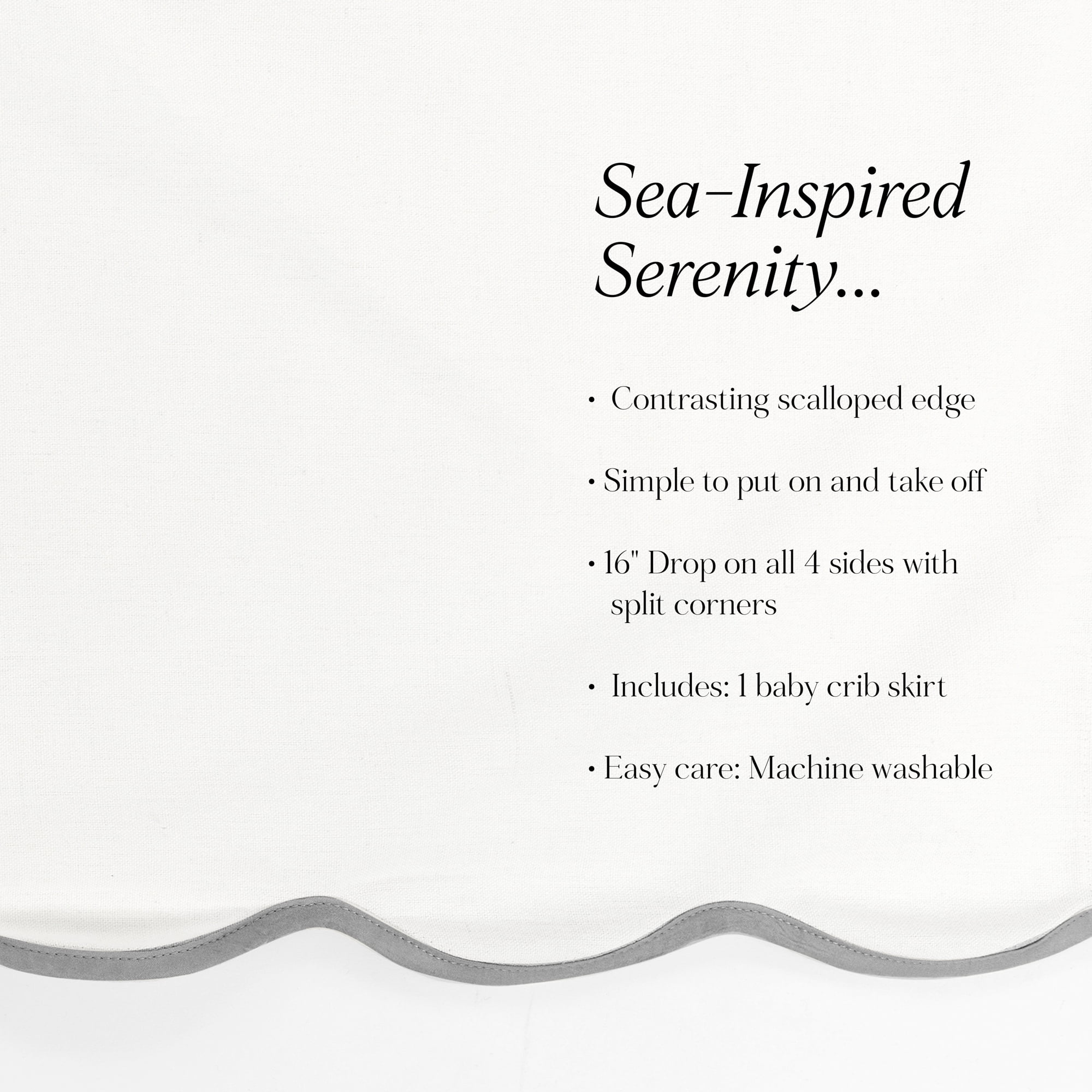 Lush Decor Coastal Chic Scalloped Edge Baby Crib Skirt Single 28" W x 52" L + 16" Drop Gray - Scalloped Crib Skirt - Gender Neutral Nursery Decor - White Crib Skirt