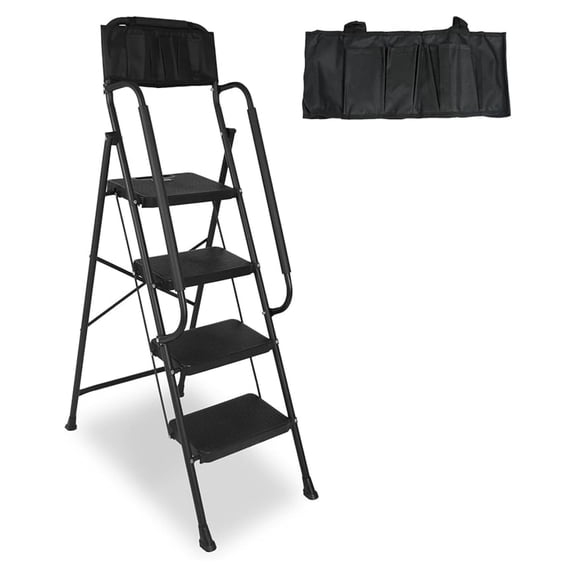 4 with Handrails & Attachable Tool Bag, 330 lbs Folding Step Stool Ladder, Wide Non-Slip Pedal for Kitchen Pantry Home Office, Black
