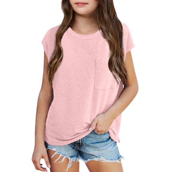 Krdevn Girls' Solid Color Short Sleeve T-Shirt with Front Pocket & Dolman Sleeves Casual Loose Fit Tee Size:3-4 Years