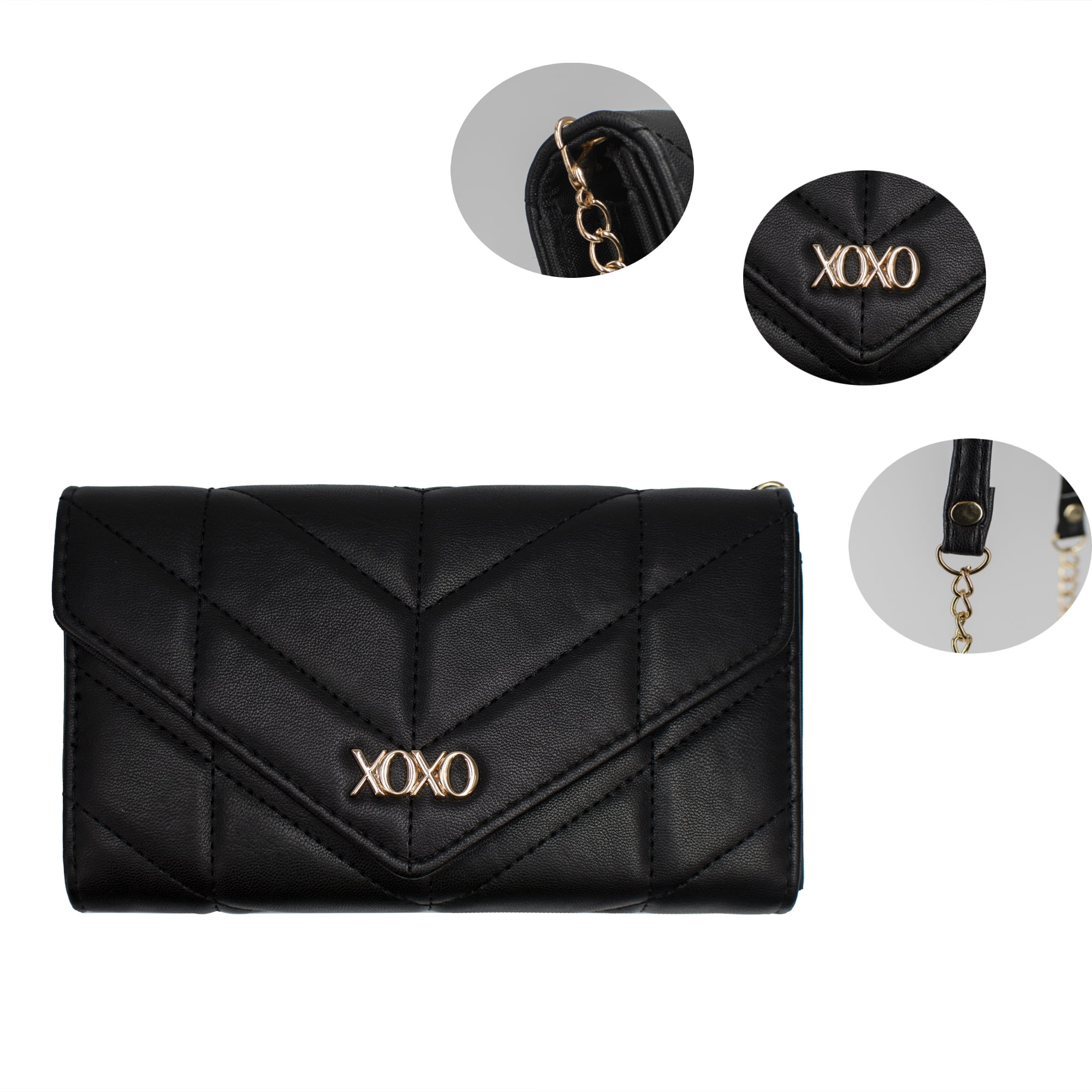 XOXO Women’s Small Black Vegan Leather Quilted Fold Wallet withCrossbody Strap