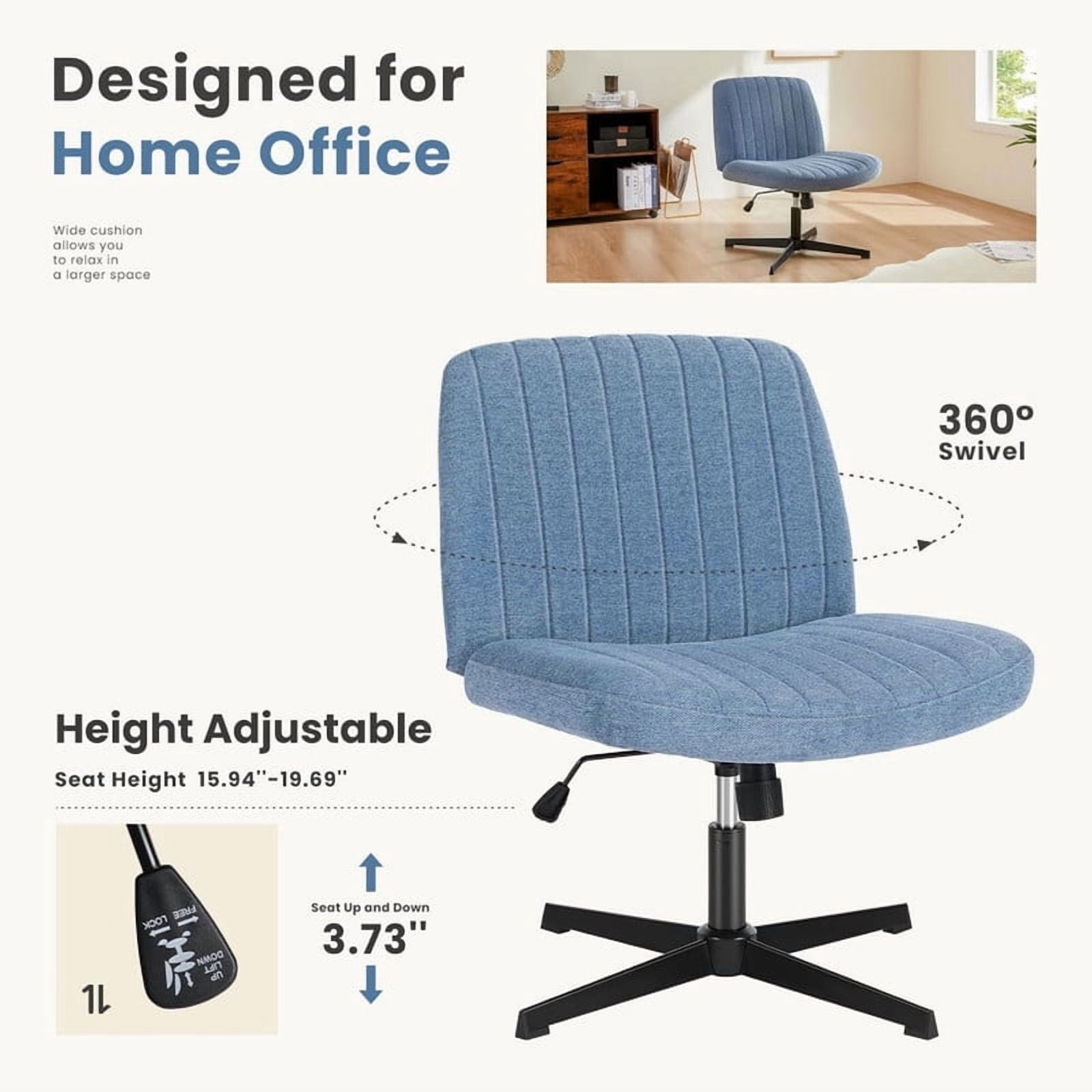 Kelno Linen Cross Legged Desk Chair Wide Seat Chair Ergonomic Height Adjustable Swivel Office Vanity Chair, Blue