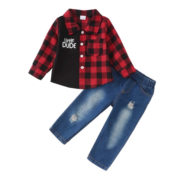 Kucnuzki 18 Months Infant Baby Boys Outfit Sets 24 Months Boy Winter Clothes Long Sleeves Plaid Shirt Top Color Block Button Tops Ripped Denim Pants Set 2PCS Warm Clothing Red