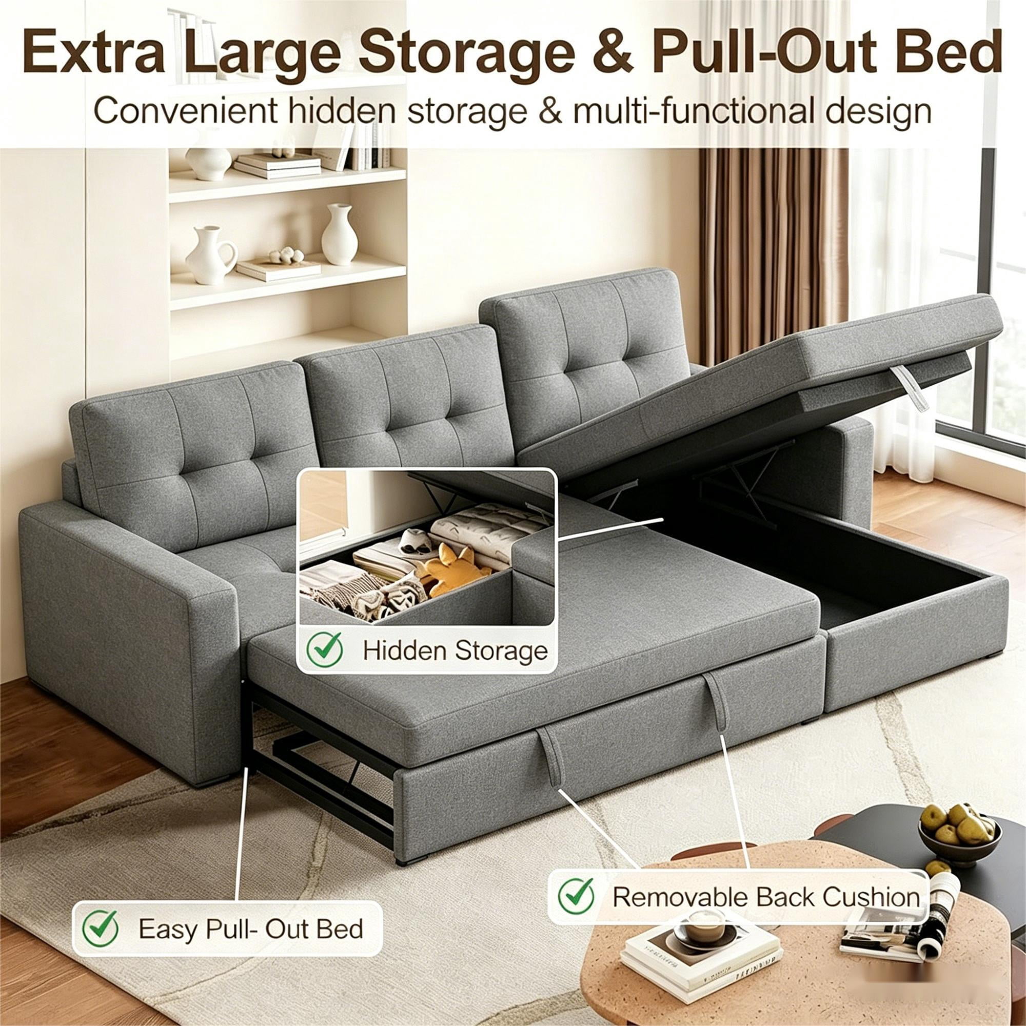 avobird 86'' Upholstered Pull-Out Sofa Bed, Sleeper Sofa with Reversible L/R, Polyester Fabric for Living Room, Gray
